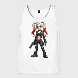 Майка-безрукавка мужская Девушка в кожаной одежде с пистолетом в руке, цвет: 3D-белый