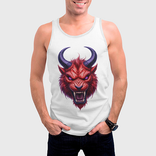 Мужская майка без рукавов Голова злого красного существа с фиолетовыми глаза / 3D-Белый – фото 3