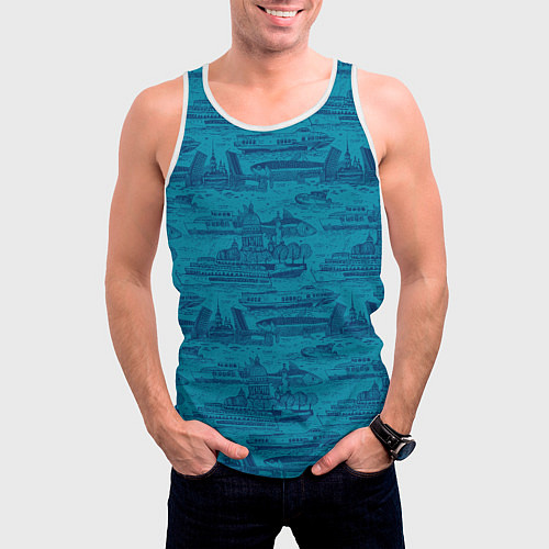 Мужская майка без рукавов Корюшка пошла по Неве на синем фоне / 3D-Белый – фото 3