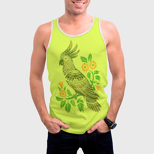 Мужская майка без рукавов Попугай с маргаритками / 3D-Белый – фото 3