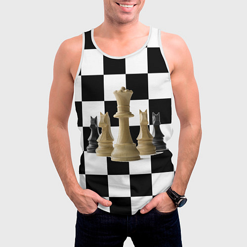 Мужская майка без рукавов Деревянные шахматные фигуры на доске / 3D-Белый – фото 3