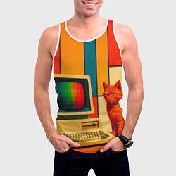 Майка-безрукавка мужская Кот и винтажный компьютер ретрофутуризм поп-арт 19, цвет: 3D-белый — фото 2