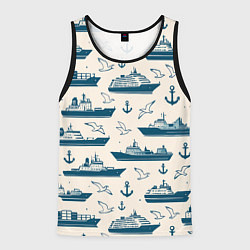 Майка-безрукавка мужская Морской паттерн из чаек, якорей и кораблей, цвет: 3D-черный