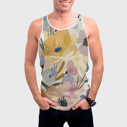 Мужская майка без рукавов Цветы акварель / 3D-Белый – фото 3