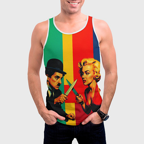 Мужская майка без рукавов Чарли Чаплин против Мэрилин Монро поп-арт / 3D-Белый – фото 3