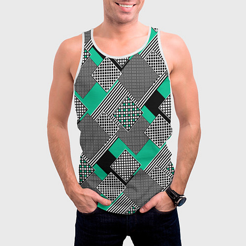 Мужская майка без рукавов Черно бирюзовая абстрактная геометрия пэчворк / 3D-Белый – фото 3