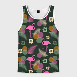 Майка-безрукавка мужская Фламинго и листья на темно-зеленом, цвет: 3D-белый