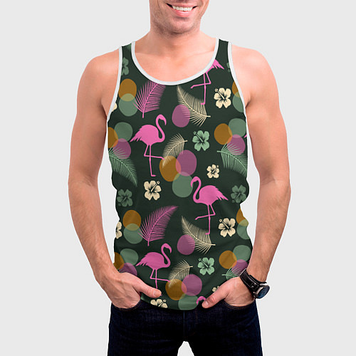Мужская майка без рукавов Фламинго и листья на темно-зеленом / 3D-Белый – фото 3