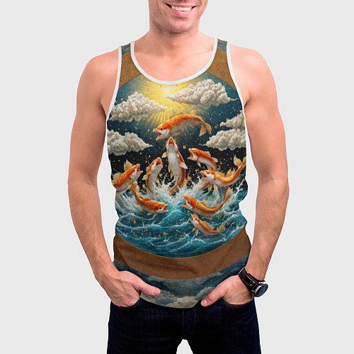Мужская майка без рукавов Большие золотистые рыбы выпрыгивают из воды / 3D-Белый – фото 3