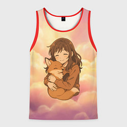 Майка-безрукавка мужская Девочка обнимает лисичку, цвет: 3D-красный