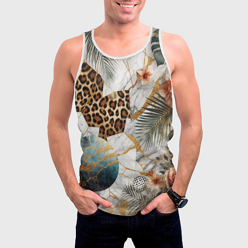 Мужская майка без рукавов Мрамор с цветами и леопардовый узор / 3D-Белый – фото 3