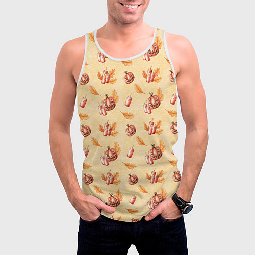 Мужская майка без рукавов Хеллоуин с тыквой и листьями / 3D-Белый – фото 3