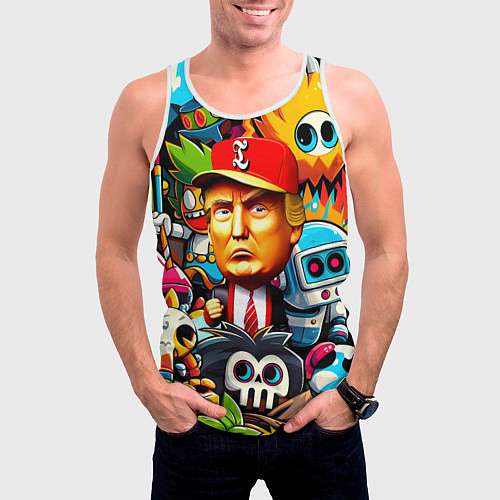 Мужская майка без рукавов Дональд Трамп в компании мультяшных персонажей / 3D-Белый – фото 3