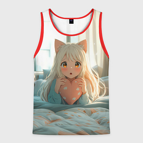 Мужская майка без рукавов Аниме девушка в кровати с сердцем / 3D-Красный – фото 1