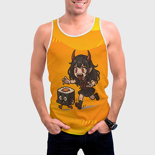 Мужская майка без рукавов Девочка дьявол бежит за роллом / 3D-Белый – фото 3