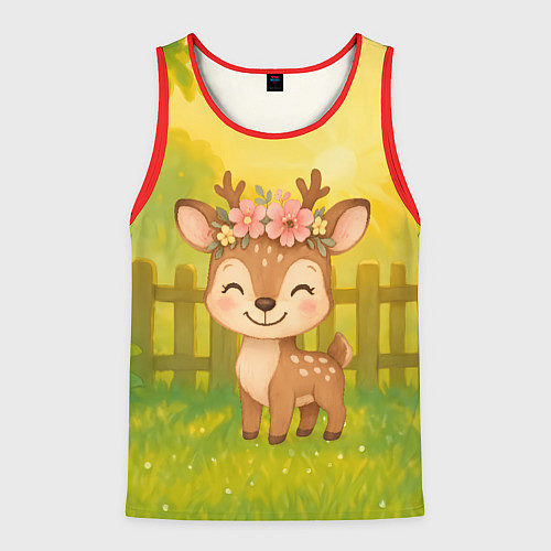Мужская майка без рукавов Милый олененок на зеленом дворе / 3D-Красный – фото 1