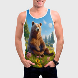 Майка-безрукавка мужская Русский мишка сидит на траве, цвет: 3D-белый — фото 2
