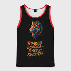 Майка-безрукавка мужская Волк брызги красок на черном, цвет: 3D-красный