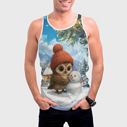 Майка-безрукавка мужская Совушка в шапочке лепит снеговика, цвет: 3D-белый — фото 2