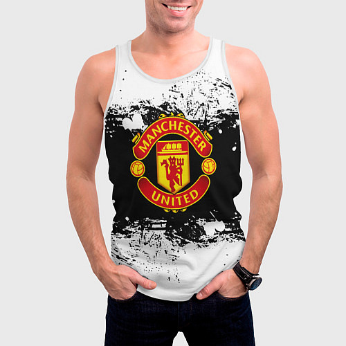Мужская майка без рукавов Манчестер Юнайтед черно белые краски лого / 3D-Белый – фото 3