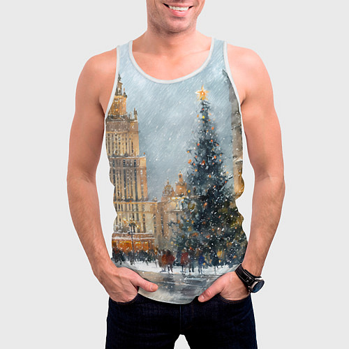 Мужская майка без рукавов Новогодняя Москва / 3D-Белый – фото 3