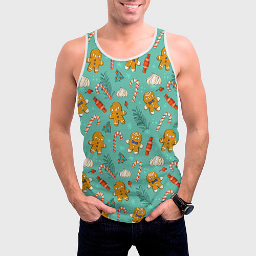Мужская майка без рукавов Новогодний паттерн печенье с конфетами / 3D-Белый – фото 3