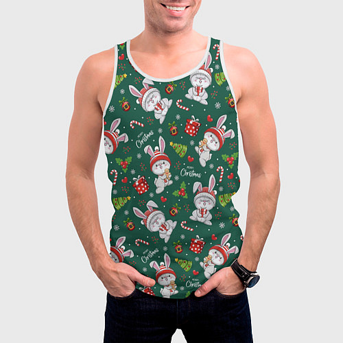 Мужская майка без рукавов Новогодние зайчики / 3D-Белый – фото 3