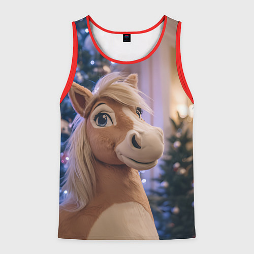 Мужская майка без рукавов Плюшевая новогодняя лошадь / 3D-Красный – фото 1
