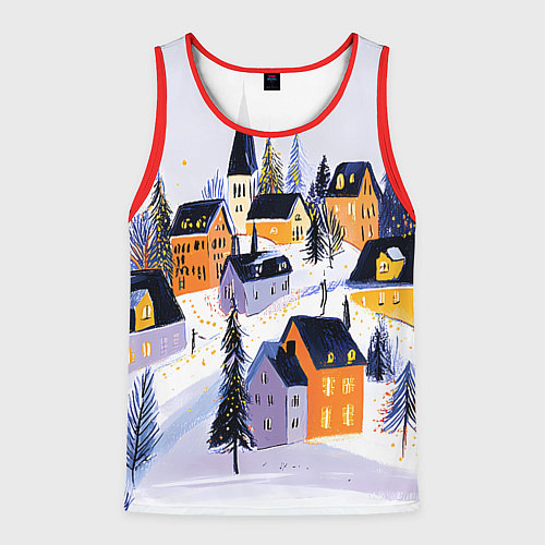 Мужская майка без рукавов Новогодние домики на горе / 3D-Красный – фото 1