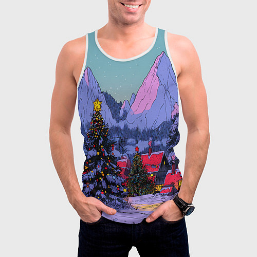 Мужская майка без рукавов Новогодние елки в горном городке / 3D-Белый – фото 3
