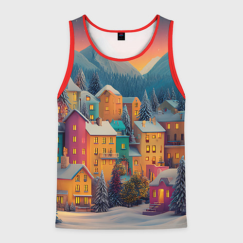 Мужская майка без рукавов Новогодний город в горах / 3D-Красный – фото 1