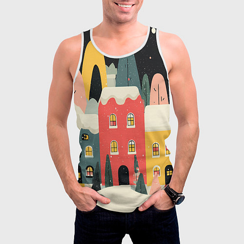 Мужская майка без рукавов Разноцветные новогодние дома / 3D-Белый – фото 3