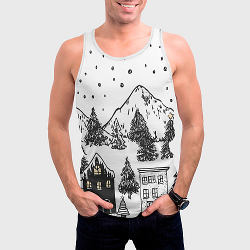 Мужская майка без рукавов Заснеженный черно-белый город / 3D-Белый – фото 3