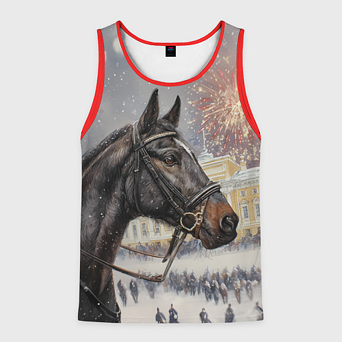Мужская майка без рукавов Конь на фоне салюта / 3D-Красный – фото 1