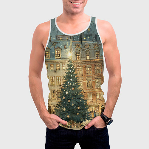 Мужская майка без рукавов Новогодний старый город / 3D-Белый – фото 3