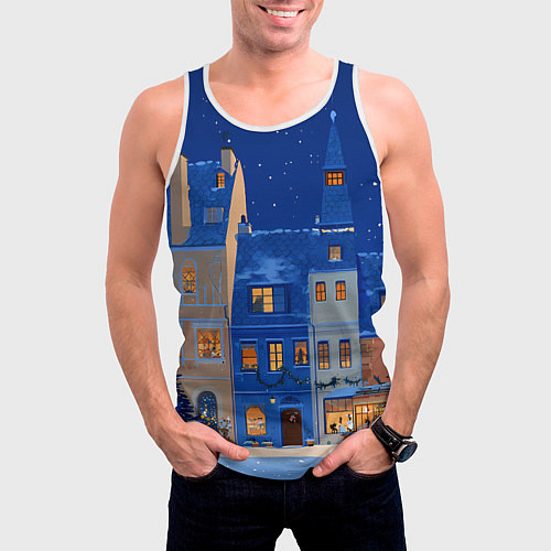 Мужская майка без рукавов Синяя новогодняя елочка во дворе / 3D-Белый – фото 3