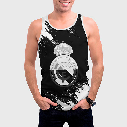 Мужская майка без рукавов Реал Мадрид черно белые краски / 3D-Белый – фото 3
