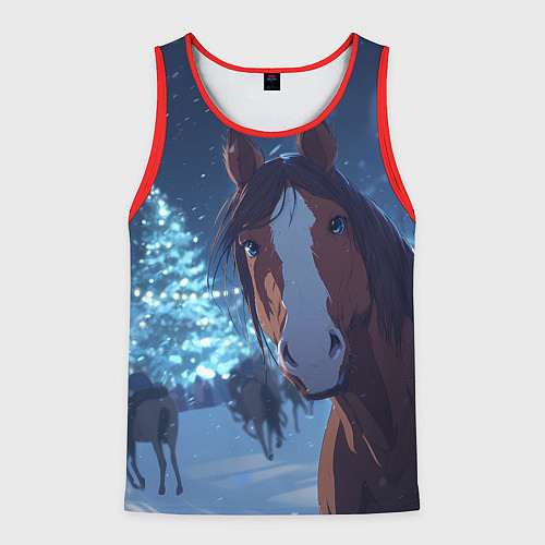Мужская майка без рукавов Лошадь на фоне новогодней елки / 3D-Красный – фото 1
