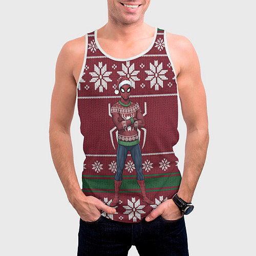 Мужская майка без рукавов Человек паук в вязаном свитере - новый год / 3D-Белый – фото 3
