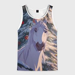Майка-безрукавка мужская Белая лошадь на фоне елки, цвет: 3D-белый