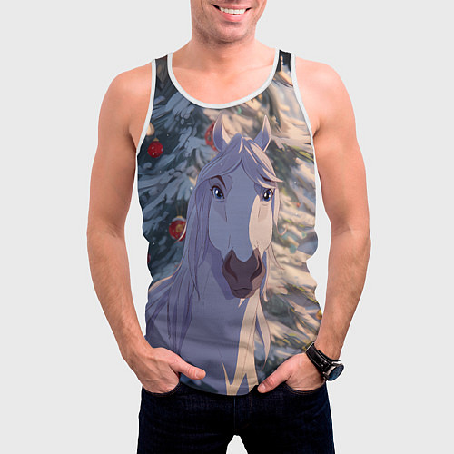 Мужская майка без рукавов Белая лошадь на фоне елки / 3D-Белый – фото 3