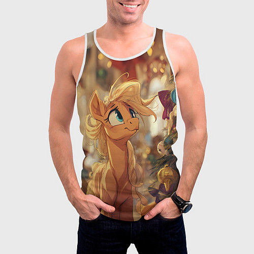 Мужская майка без рукавов Милая лошадка любуется елкой / 3D-Белый – фото 3