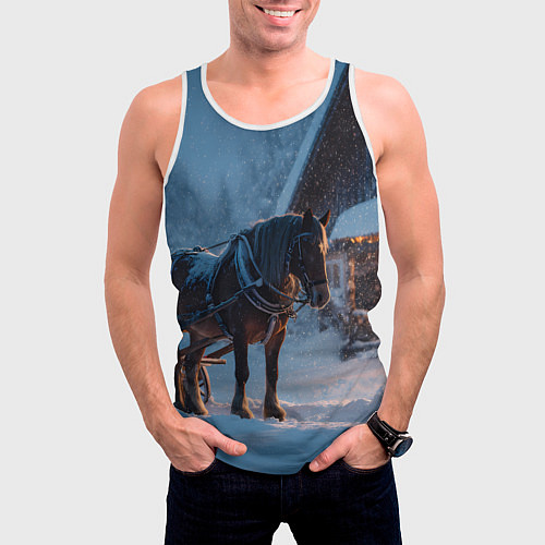 Мужская майка без рукавов Лошадь у избы / 3D-Белый – фото 3