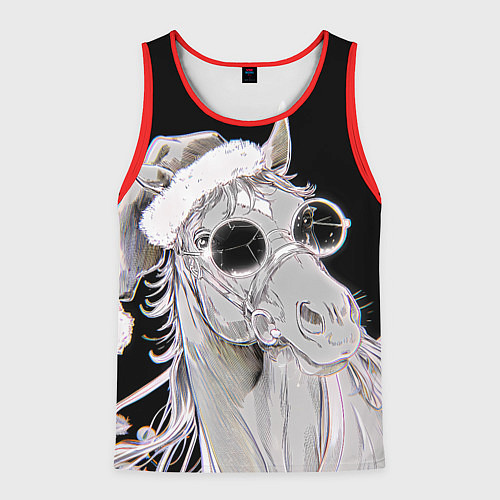 Мужская майка без рукавов Новогодняя лошадь в круглых очках / 3D-Красный – фото 1