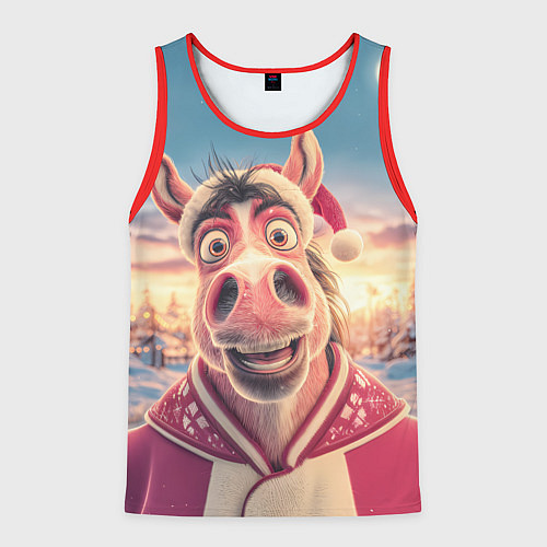 Мужская майка без рукавов Счастливая новогодняя лошадь / 3D-Красный – фото 1