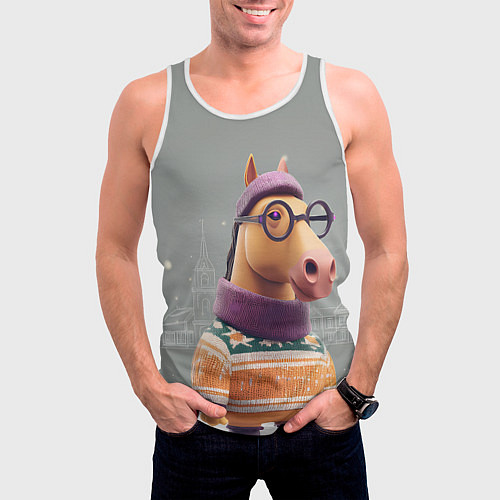 Мужская майка без рукавов Новогодняя лошадка хипстер / 3D-Белый – фото 3