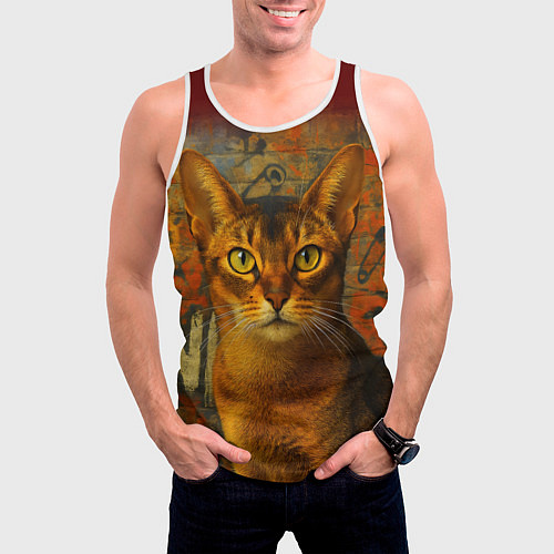 Мужская майка без рукавов Абиссинская кошка на фоне кирпичной стены с граффи / 3D-Белый – фото 3