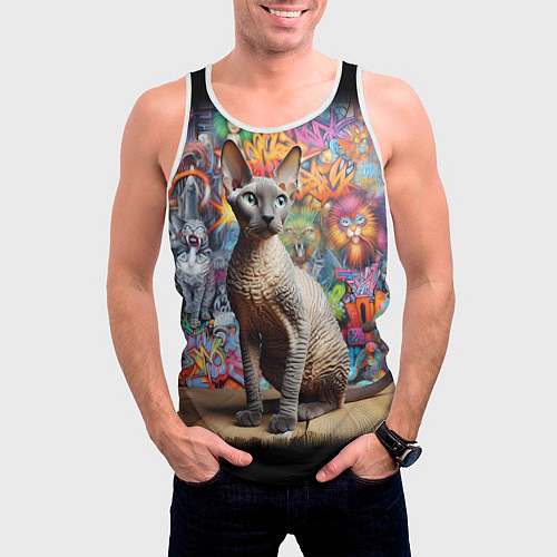 Мужская майка без рукавов Коша породы Корниш-рекс на фоне граффити / 3D-Белый – фото 3