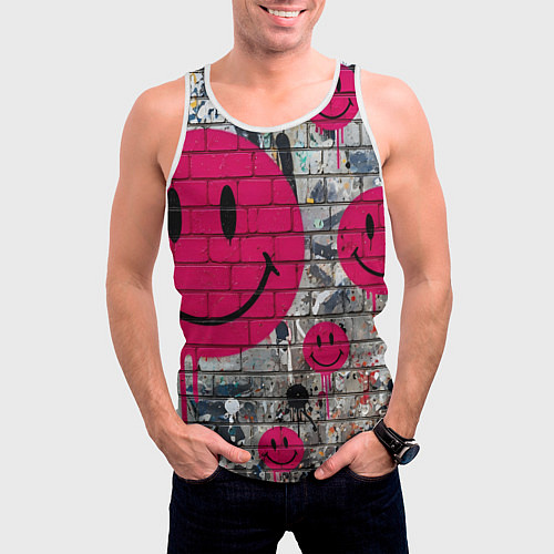 Мужская майка без рукавов Розовые смайлы граффити / 3D-Белый – фото 3