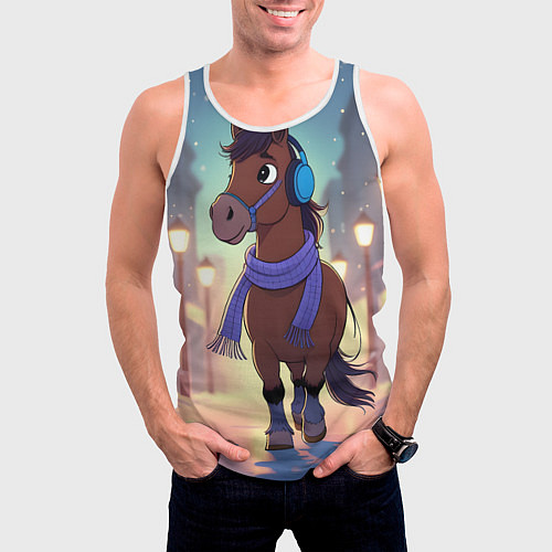 Мужская майка без рукавов Лошадка в шарфе и наушниках / 3D-Белый – фото 3